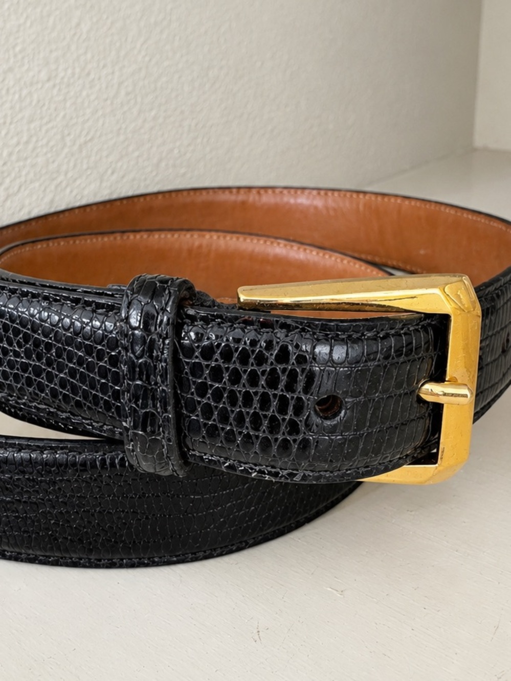 Trafalgar Genuine Java Lizard Belt 40 Black Full Grain Leather USA Brass Mens